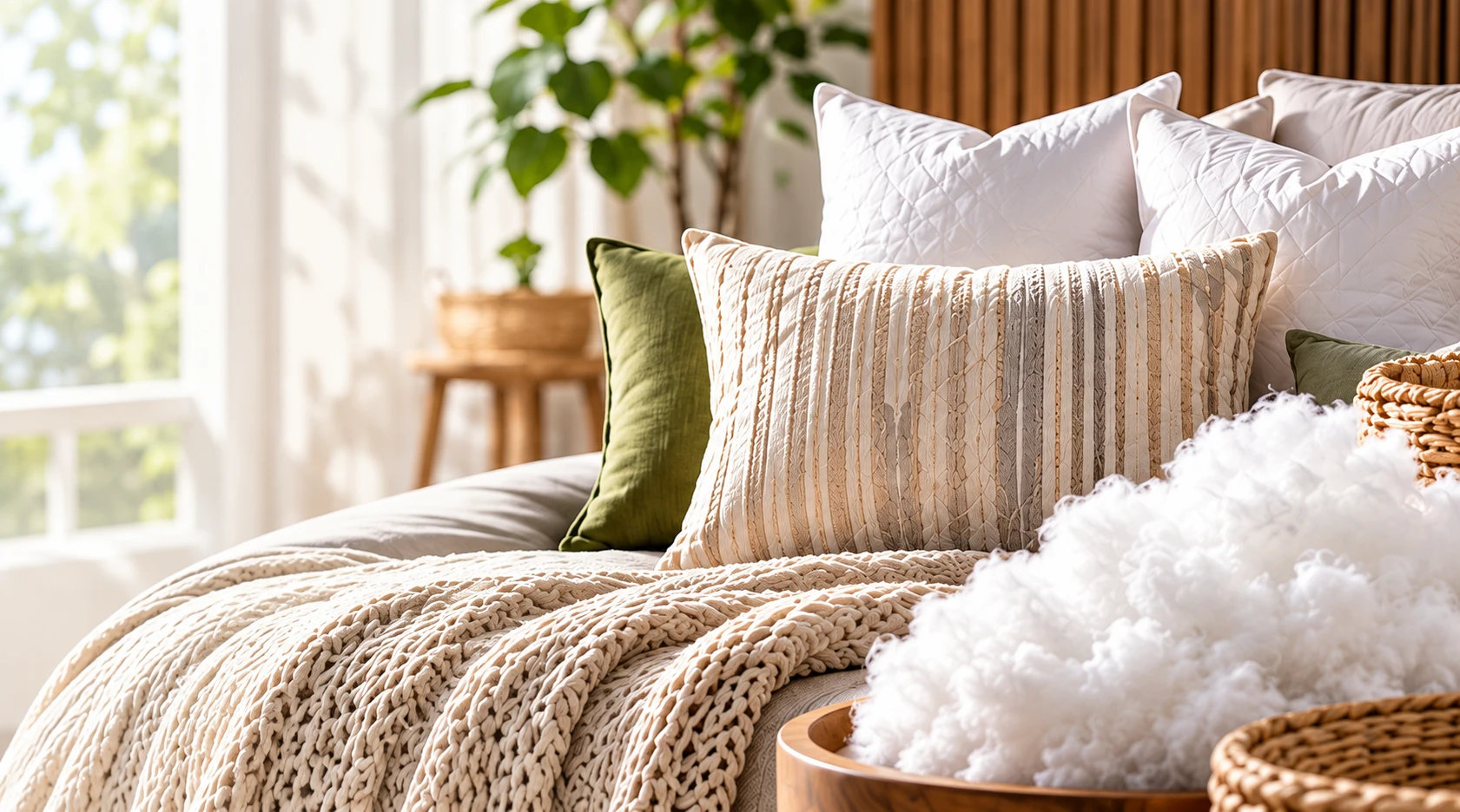 Finished pillows, knit throw and soft pillow filling
