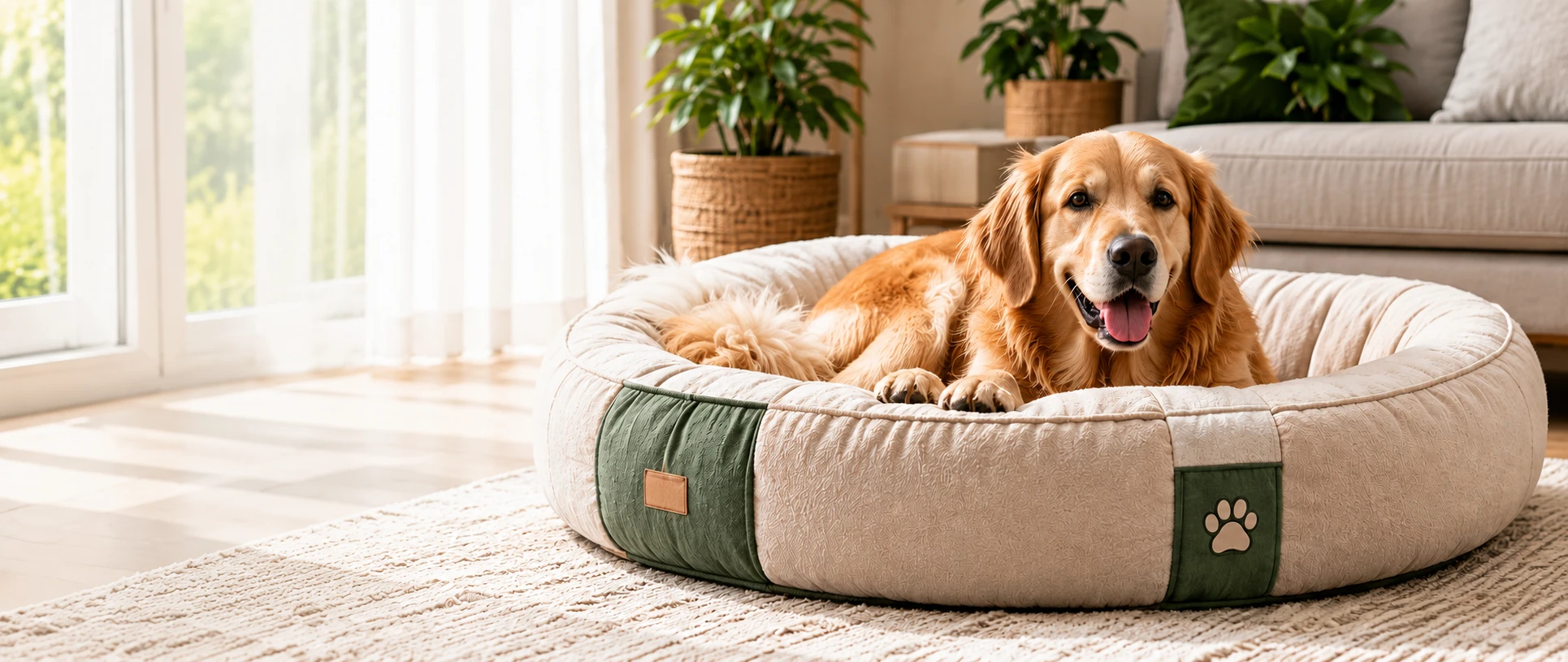 Golden retriever on a round dog bed
